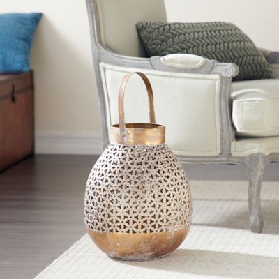 Harper & Willow Gold Metal Laser Cut Metal Decorative Candle Lantern with Moroccan Pattern, 13" x 14" x 16", 44494
