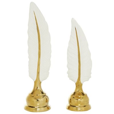 Image showing  Ceramic Feather Sculptures, 13 in., 15 in., White/Gold, 2 pc.