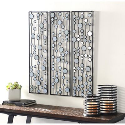 Harper & Willow Glam Style Large Rectangular Metal Wall Decor Panels with Round Mirrors, 10 in. x 36 in., 3 pc.