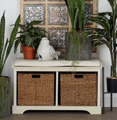 Harper & Willow Wood Bench with Storage Wicker Basket Drawers, 34 in. x 20 in., White