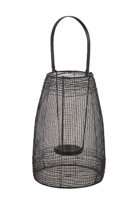 Image showing  8 in. x 13 in. Large Round Black Mesh Metal Lantern Candle Holder with Handle, 86964