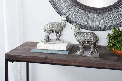 Harper & Willow Textured Resin Decorative Metallic Silver Llama Statues with Mirror Accents, 2 pc.