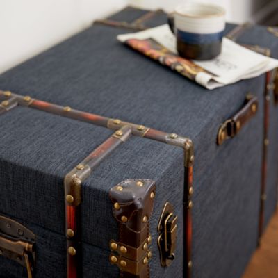 Image showing  Blue Linen Storage Trunks with Handles and Leather Detail, Assorted, 3 pc.