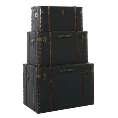 Image showing  Blue Linen Storage Trunks with Handles and Leather Detail, Assorted, 3 pc.