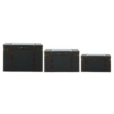 Image showing  Blue Linen Storage Trunks with Handles and Leather Detail, Assorted, 3 pc.