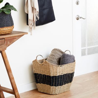 Harper & Willow Large Black Striped Seagrass Basket with Metal Handles, 21.25 in. x 18.75 in.