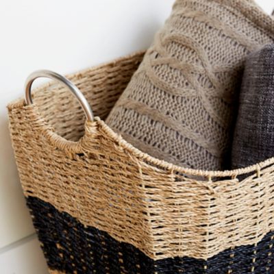 Image showing  Large Black Striped Seagrass Basket with Metal Handles, 21.25 in. x 18.75 in.