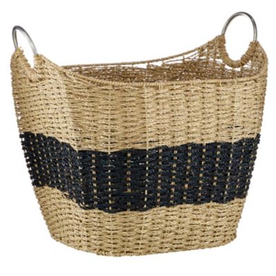 Image showing  Large Black Striped Seagrass Basket with Metal Handles, 21.25 in. x 18.75 in.