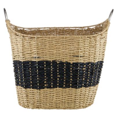 Image showing  Large Black Striped Seagrass Basket with Metal Handles, 21.25 in. x 18.75 in.