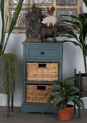 Harper & Willow Wood Side Table with Storage and Natural Wicker Basket Drawers, Aqua