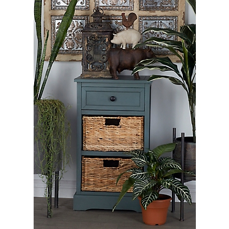 Harper & Willow Wood Side Table with Storage and Natural Wicker Basket Drawers, 16 in. x 28 in., Aqua