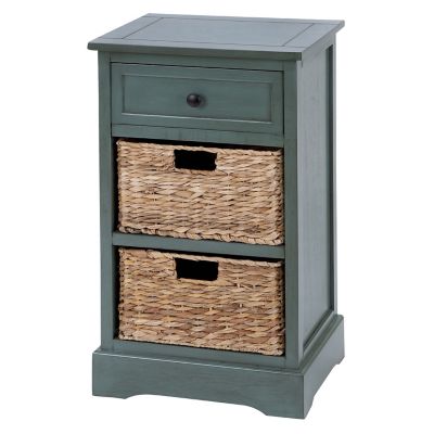 Image showing  Wood Side Table with Storage and Natural Wicker Basket Drawers, Aqua