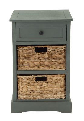 Image showing  Wood Side Table with Storage and Natural Wicker Basket Drawers, Aqua