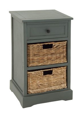 Image showing  Wood Side Table with Storage and Natural Wicker Basket Drawers, Aqua