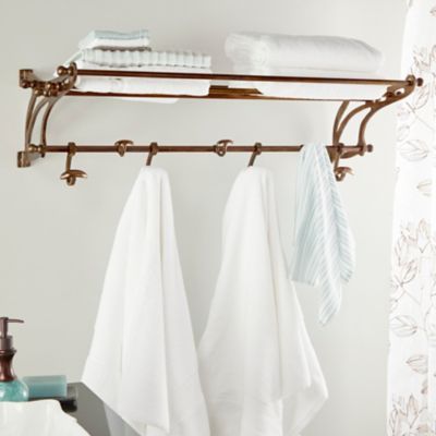 Harper & Willow Vintage-Inspired Copper Wall Shelf with Wall Hooks, 43" x 14"