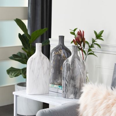 Harper & Willow 3 pc. Contemporary Style Tall Ceramic Bottle Vase Set, 6 in. x 13 in., Black, White/Gray Marble
