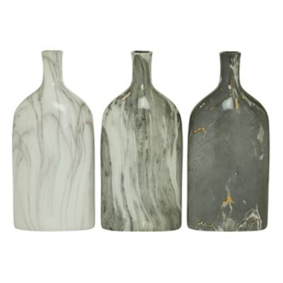 Image showing  Contemporary Tall Ceramic Bottle Vase Set, 6 in. x 13 in., Black/White/Gray Marble, 3 pc.