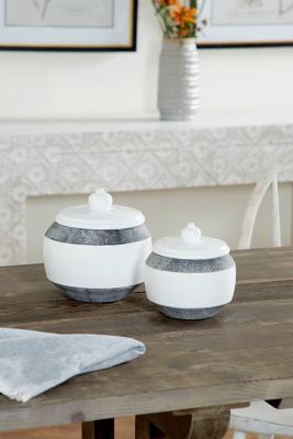 Harper & Willow Round Textured Ceramic Jars with Lids, Matte Gray/Glossy White, 7 in. x 7.5 in., 6 in. x 6 in., 2 pc.
