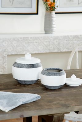 Image showing  Round Textured Ceramic Jars with Lids, Matte Gray/Glossy White, 7 in. x 7.5 in., 6 in. x 6 in., 2 pc.