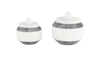 Image showing  Round Textured Ceramic Jars with Lids, Matte Gray/Glossy White, 7 in. x 7.5 in., 6 in. x 6 in., 2 pc.