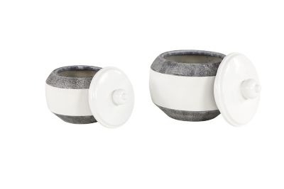 Image showing  Round Textured Ceramic Jars with Lids, Matte Gray/Glossy White, 7 in. x 7.5 in., 6 in. x 6 in., 2 pc.
