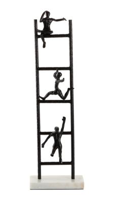 Image showing  Tall Metal Ladder Climber Sculpture with Light Marble Rectangular Base, 8 in. x 26 in., Black