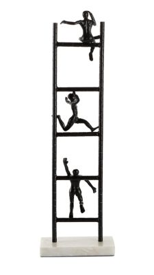 Image showing  Tall Metal Ladder Climber Sculpture with Light Marble Rectangular Base, 8 in. x 26 in., Black