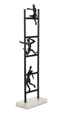 Image showing  Tall Metal Ladder Climber Sculpture with Light Marble Rectangular Base, 8 in. x 26 in., Black