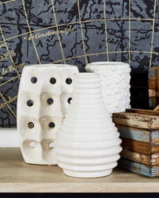 Harper & Willow 3 pc. White Ceramic Vase with Varying Patterns Set, 8 in. H, 5 in. W