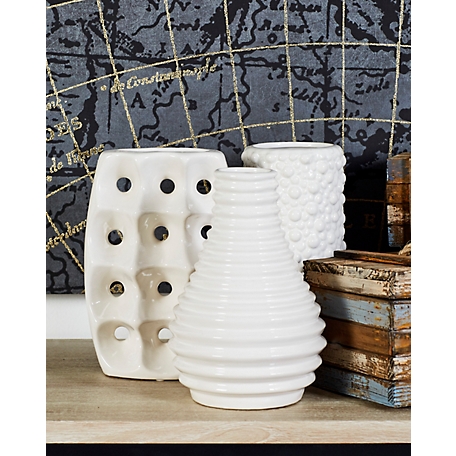Harper & Willow 3 pc. White Ceramic Vase with Varying Patterns Set, 8 in. H, 5 in. W
