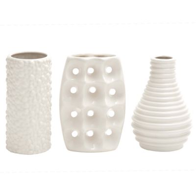 Image showing  3 pc. White Ceramic Vase with Varying Patterns Set, 8 in. H, 5 in. W
