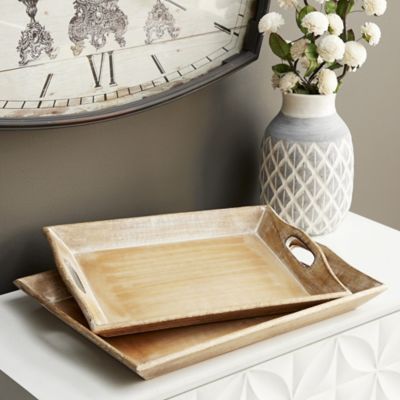 Harper & Willow Traditional Whitewashed Natural Mango Wood Serving Tray Set, 18 in. x 14 in., 17 in. x 12 in., 2 pc.