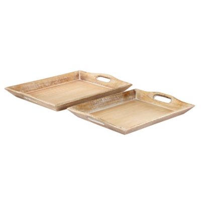 Image showing  Traditional Whitewashed Natural Mango Wood Serving Tray Set, 18 in. x 14 in., 17 in. x 12 in., 2 pc.