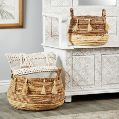 Harper & Willow Banana Leaf Storage Baskets with Wood Beads/Tassels, 2 pc.