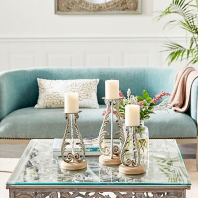 Harper & Willow Distressed Silver Metal and Wood Candle Holders, 14 in., 12 in., 10 in., 3 pc., 45340