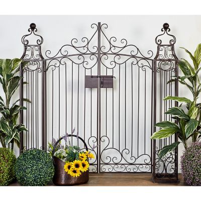 Harper & Willow 64 in. x 60 in. Large Traditional Metal Garden Gate with Latch and Ornate Scrollwork, Brown