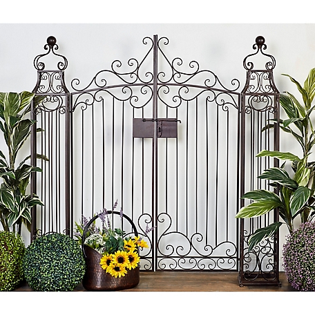 Harper & Willow 64 in. x 60 in. Large Traditional Metal Garden Gate with Latch and Ornate Scrollwork, Brown