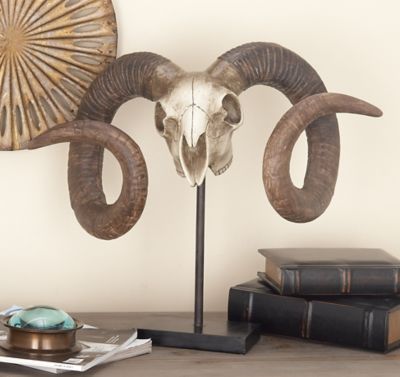 Image showing  Large Sheep Skull Sculpture with Horns on Stand, 22 in. x 17 in.