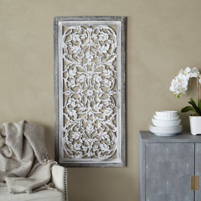 Harper & Willow Cream Mango Wood Handmade Intricately Carved Arabesque Floral Wall Decor, 24 in. x 51 in.