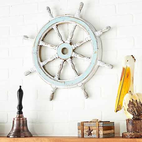 Harper & Willow Large White and Aqua Wood Ship Wheel Wall Decor, 24 in. x 24 in.