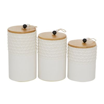 Image showing  Assorted White Textured Stoneware Canisters with Wood Lids and Beaded Handles Set, 3 pc.
