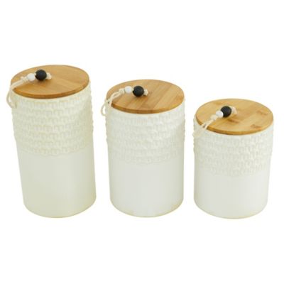 Image showing  Assorted White Textured Stoneware Canisters with Wood Lids and Beaded Handles Set, 3 pc.