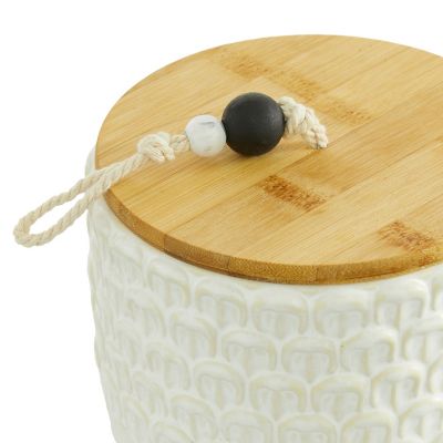 Image showing  Assorted White Textured Stoneware Canisters with Wood Lids and Beaded Handles Set, 3 pc.