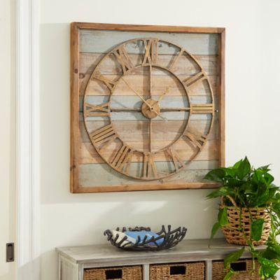 Harper & Willow 30 in. x 30 in. Extra-Large Square Striped Wood Wall Clock with Roman Numerals