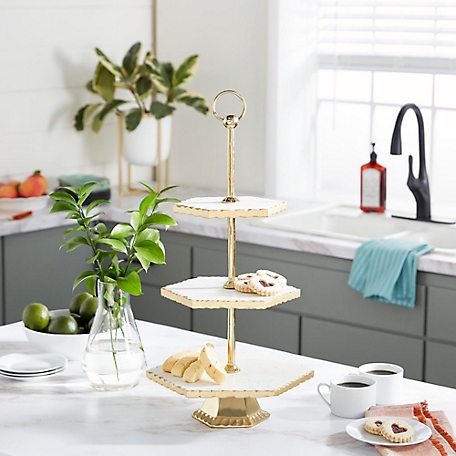 Harper & Willow 3-Tier Hexagon Aluminum and Marble Tray Stand, 12 in. x 23 in., Gold/White Marble