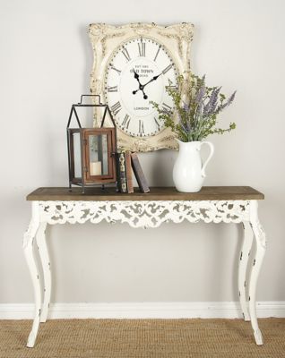 Harper & Willow Natural and White Wood Console Table with Decorative Wood Carvings, 46 in. x 30 in. x 15 in., 27.9 lb.