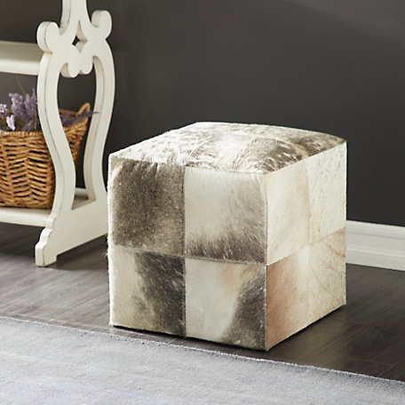 Harper & Willow Real Animal Skin Leather Cube Ottoman, 16 in. x 16 in., Gray/White