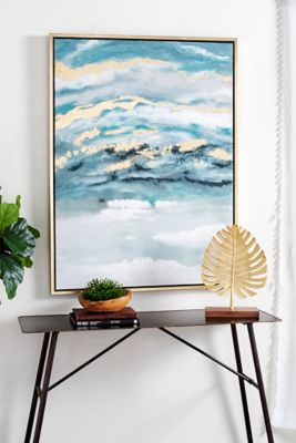 Harper & Willow Large Turquoise and Gold Contemporary Abstract Painting in Metallic Gold Wood Frame, 35.5 in. x 47.5 in.