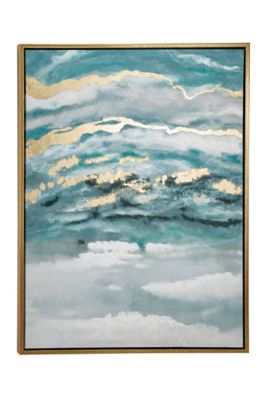 Image showing  Large Turquoise and Gold Contemporary Abstract Painting in Metallic Gold Wood Frame, 35.5 in. x 47.5 in.
