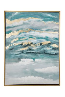 Image showing  Large Turquoise and Gold Contemporary Abstract Painting in Metallic Gold Wood Frame, 35.5 in. x 47.5 in.